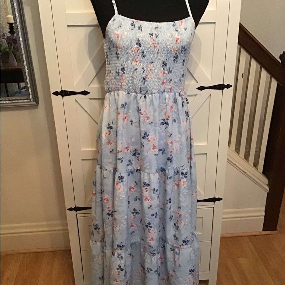Light Blue Floral Maxi Dress with Spaghetti Straps